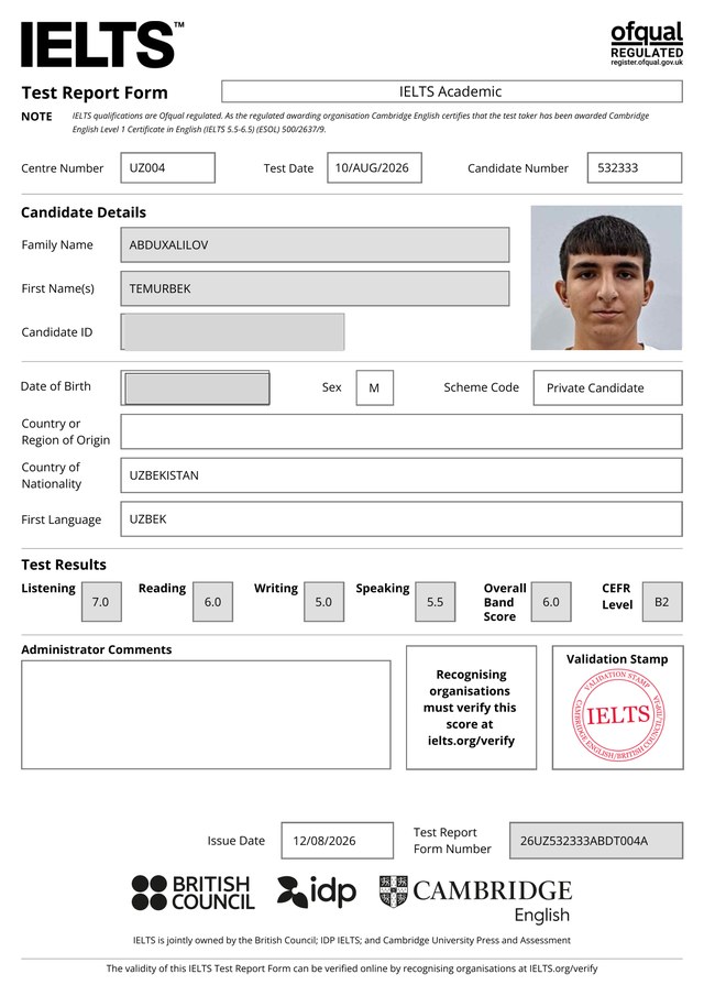 Temurbek Abduxalilov's IELTS certificate