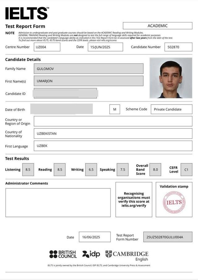 Umarjon Gulomov's IELTS certificate