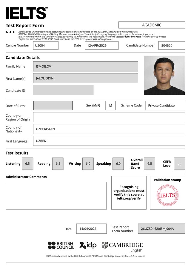 Jaloliddin Ismoilov's IELTS certificate