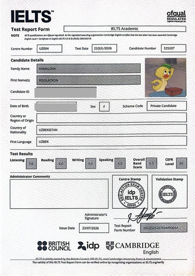 Risolatxon Kamalova's IELTS certificate