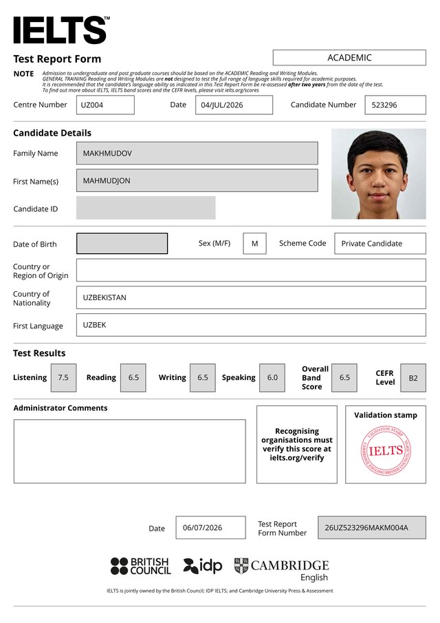 Mahmudjon Makhmudov's IELTS certificate