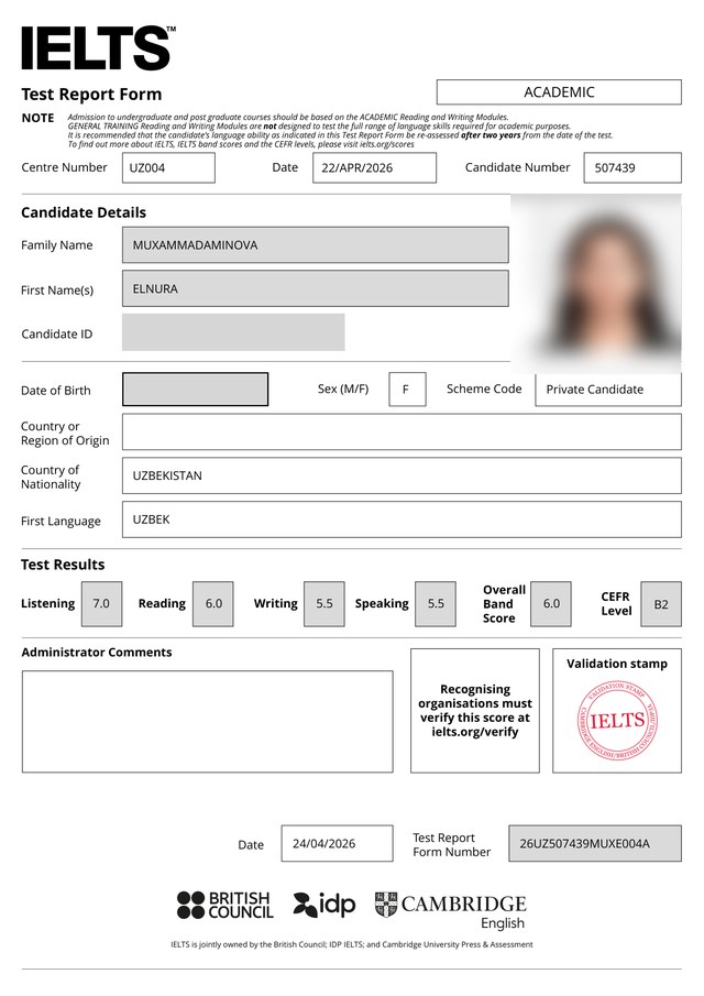 Elnura Muxammadaminova's IELTS certificate