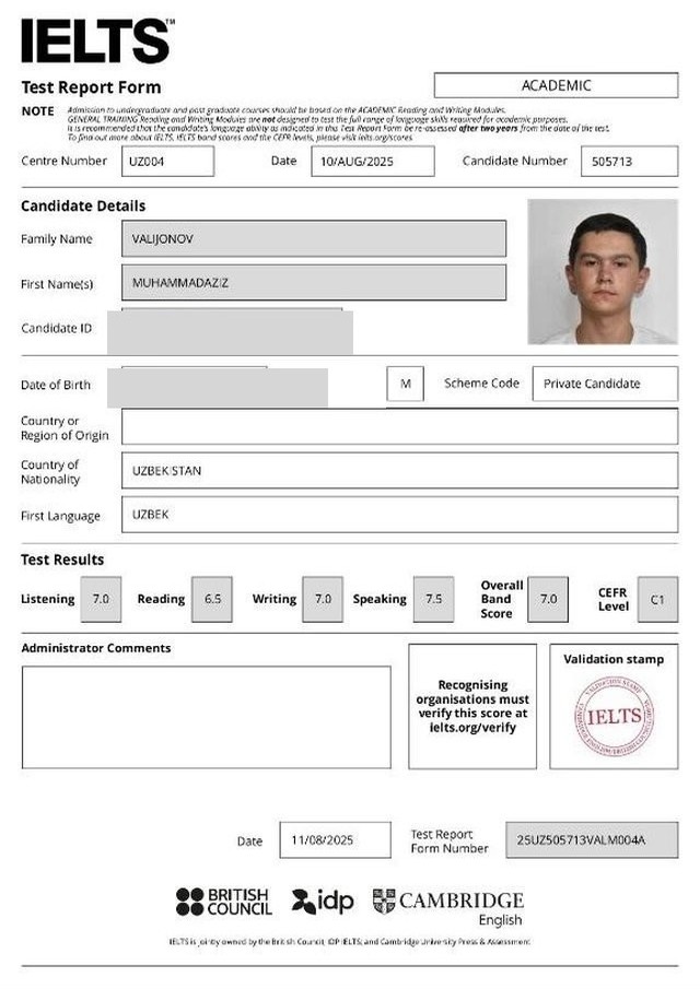 Muhammadaziz Valijonov's IELTS certificate